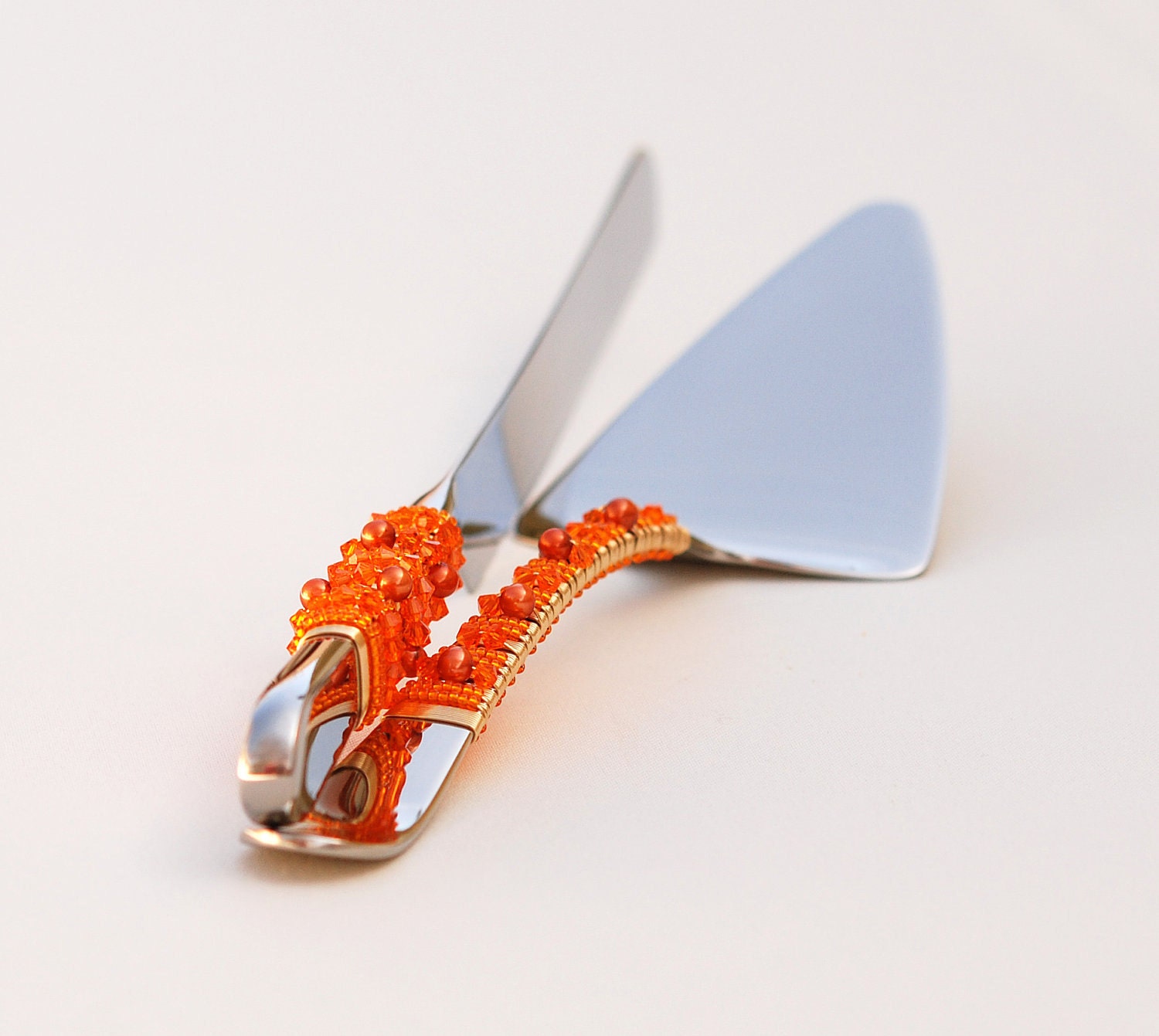 ORANGE Wedding  Cake  Server And Knife  Set  CUSTOM Beaded 