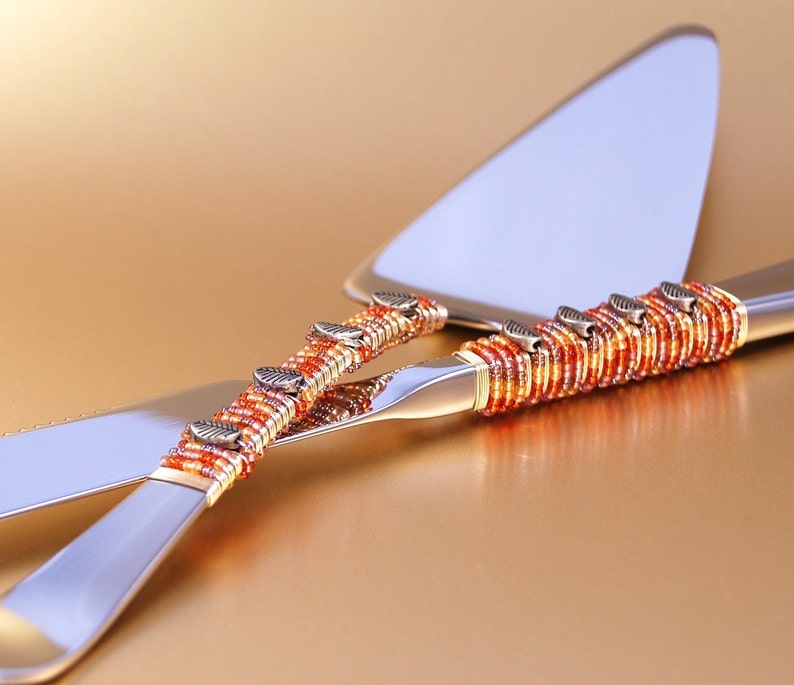 FALL Wedding Cake Knife and Server Beaded Copper Gold Etsy