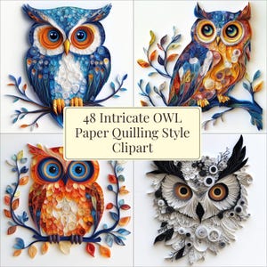 Hermosas decoraciones de tarjetas con estilo artístico de quilling de papel de búho. Constan de 48 imágenes. Descarga instantánea a 300 ppp
