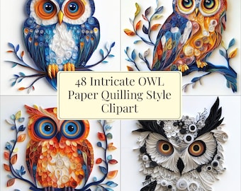 Puede incluir: Cuatro diseños intrincados de búhos en estilo de quilling de papel. Cada búho está hecho de rollos de papel de colores y tiene un diseño único. Los búhos están dispuestos en una cuadrícula. El texto "48 Intricate OWL Paper Quilling Style Clipart" se muestra en el centro de la imagen.