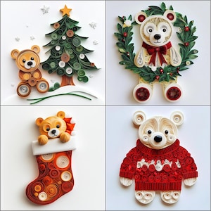 Lindo oso en Navidad Clipart Papel Quilling Arte para decoraciones de tarjetas Consta de 60 imágenes Descarga instantánea