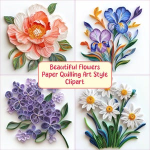 Arte de quilling de papel Hermosas flores Clipart para decoraciones de tarjetas Consta de 64 imágenes 300 dpi Descarga instantánea
