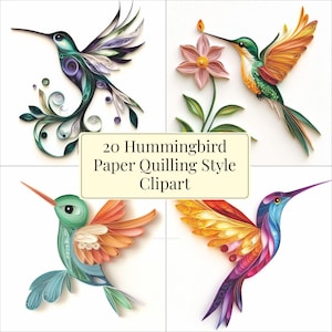Hermosos pájaros colibrí CLIPART Estilo artístico de quilling de papel Consta de 20 imágenes