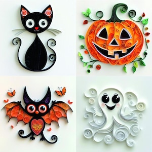 Könnte beinhalten: Vier Halloween-Papierarbeiten: eine schwarze Katze, ein orangefarbener Kürbis, eine Fledermaus mit orangefarbenen Flügeln und ein weißer Geist.