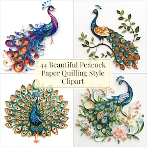 Bellissime decorazioni per biglietti in stile Quilling con CLIPART di pavone, composte da 44 immagini