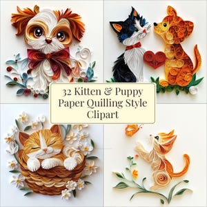 Mignon chaton chiot chat chien papier Quilling style artistique se compose de 32 images 300 dpi téléchargement immédiat