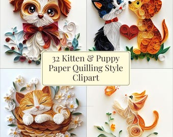 Kitten & Puppy Paper Quilling Clipart: 32 Images (Digital Download)