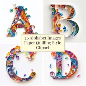 Può includere: Lettere A, B, C e D create con quilling di carta colorata. Le lettere sono disposte in una griglia. Le lettere sono fatte di carta che è stata arrotolata e incollata in diverse forme. Le lettere sono di diversi colori, tra cui rosso, arancione, giallo, verde, blu, viola e rosa. 26 Immagini dell'alfabeto Stile di quilling di carta Clipart