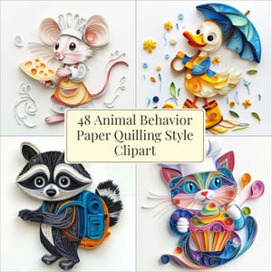 Süßes Tierverhalten Papier Quilling Art Style Kartendekoration Bestehen aus 48 Bildern 300dpi Sofort Download