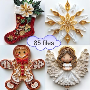 Clipart navideño de papel Quilling Art para decoraciones de tarjetas. Consta de 85 imágenes. Descarga instantánea
