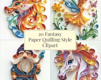 Fantasy Paper Quilling Clipart: Unicorn, Dragon, Fairy (300dpi Instant Download)
