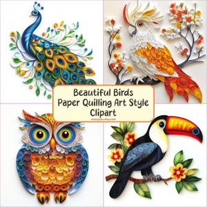 Hermosos pájaros hechos con papel filigrana para decorar tarjetas. Consta de 60 imágenes, 300 ppp, descarga instantánea
