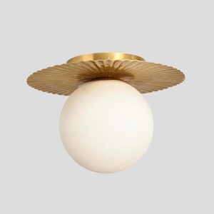Italian Brass Glass Globe Flush Mount Ceiling Light - Mid Century Modern