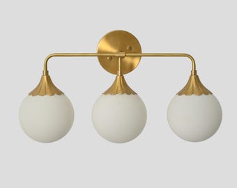 Brass 3-Globe Vanity Light: Mid-Century Bathroom Wall Sconce