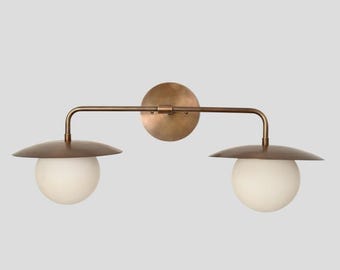 Mid Century Brass Double Globe Vanity Light - Handcrafted