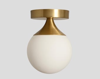 Brass Flush Mount Ceiling Light - Mid Century Modern Glass Orb Sconce