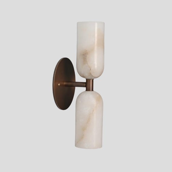 2 Light Alabaster Sconce Mid Century Marble Brass Wall Lamp