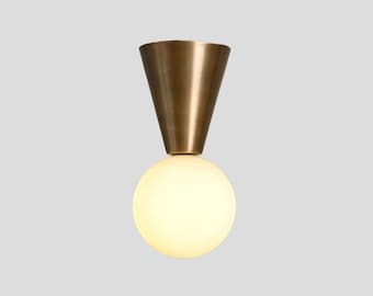 Handmade Brass Cone Flush Mount Ceiling Light: Mid Century Modern Glass Globe