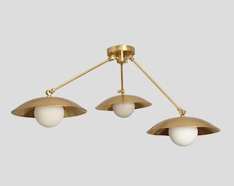 Infälld taklampa i mässing, pendellampa, 50-talsmodern, handgjord armatur i glas,