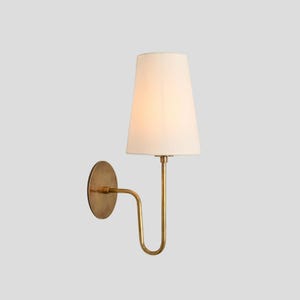 Handmade Aged Brass Wall Sconce: Mid-Century Modern Linen Shade
