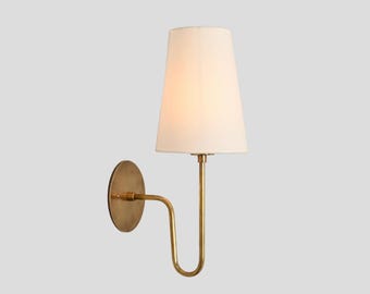 Handmade Aged Brass Wall Sconce: Mid-Century Modern Linen Shade