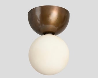 Antique Brass Globe Flush Mount Ceiling Light - Mid Century Modern Sconce