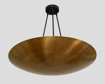 Mid Century Modern Brass Dome Chandelier: Perforated Sputnik Ceiling Light