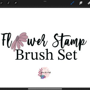 May include: A digital illustration of a pink flower with the text "Flower Stamp Brush Set" in black cursive font. A small logo with the text "Brushes, Arts & Crafts" is in the bottom center of the image.