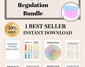 May include: A digital download bundle titled "The Ultimate Healing & Self-Regulation Bundle" with a 50% off sticker. Includes guides on nervous system regulation, feelings wheel, coping skills, and more. The image has a "Glow Up" logo.