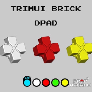 Könnte beinhalten: Drei verschiedenfarbige D-Pad-Knöpfe für einen Videospiel-Controller. Die Knöpfe sind weiß, rot und gelb. Die Knöpfe sind mit "TRIMUI BRICK D-PAD" beschriftet.