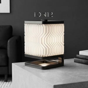 May include: A modern, geometric table lamp with a black frame and a white, wave-patterned shade. The lamp has a square base and a rectangular top, with the text "IONIZ" above it. The lamp is on a gray surface.