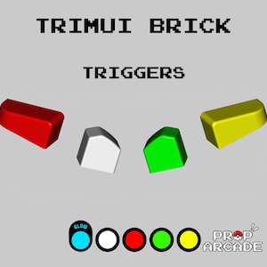 Könnte beinhalten: Nahaufnahme von vier Arcade-Knöpfen mit der Beschriftung "TRIGGERS". Die Knöpfe sind rot, weiß, grün und gelb. Die Knöpfe sind in einem Halbkreis angeordnet. Der Text "TRIMUI BRICK" befindet sich oben im Bild. Der Text "PROP ARCADE" befindet sich unten im Bild.