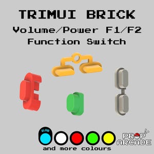 May include: Image of TRIMUI BRICK replacement buttons in various colors. The text on the image reads "Volume/Power F1/F2 Function Switch." Buttons include red, green, yellow, and gray. The image also shows a color palette with the text "and more colours."