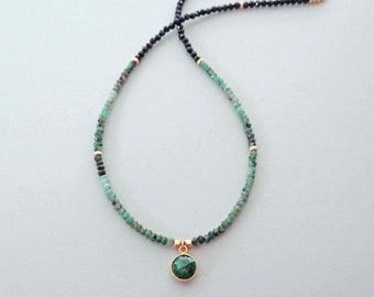 Dainty Emerald & Black Spinel Gold Fill Beaded Necklace / Shaded Emerald Jewelry / 20th Anniversary Gift for Her