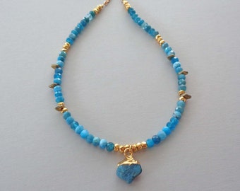 Blue Apatite Choker Necklace / Summer Jewelry / Genuine Apatite Gold Hematite Jewelry / Colorful Crystal Necklace