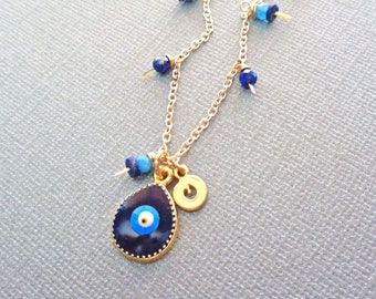 Evil Eye Necklace with Lapis Lazuli and Apatite / Protection Jewelry / Gold Evil Eye Jewelry / Protection Gift