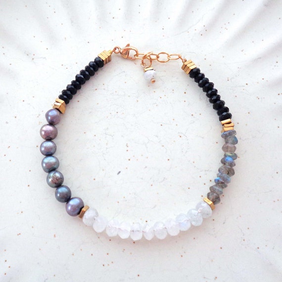Moonstone Labradorite Gray Pearls Black Onyx Gold Fill Bracelet / Elegant Jewelry / Luxe Evening Wear Gemstones