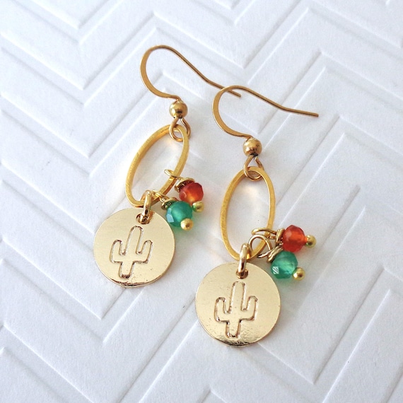 Small Cactus Earrings in Gold with Carnelian Green Onyx - Arizona Desert Gift