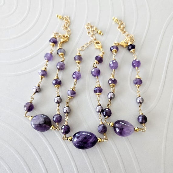 Amethyst & Gold Bracelet: Wire-wrapped Purple Gemstone Bracelet Gift