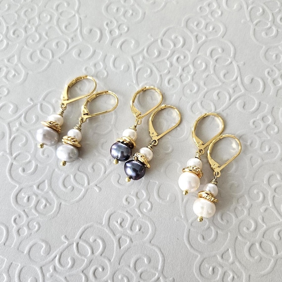 Gold Pearl Drops Lever Back Earrings: white, peacock, and gray pearls