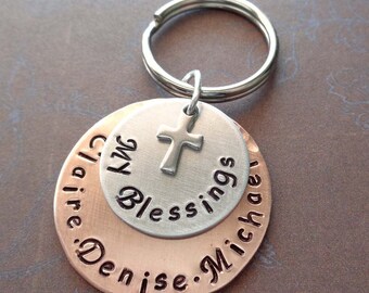 My Blessings Personalized Names Keychain - Cross Christian Hand-Stamped Gift