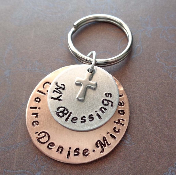 My Blessings Personalized Names Keychain - Cross Christian Hand-Stamped Gift