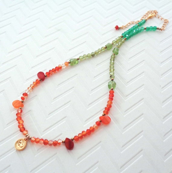 Colorful Carnelian, Peridot,& Green Onyx Necklace / Happy Summer Jewelry / Genuine Crystal Jewelry / Orange and Green Jewelry