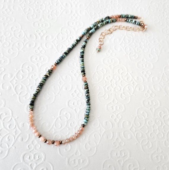 Dainty African Turquoise and Sunstone Necklace - Handmade Gemstone Necklace Gift