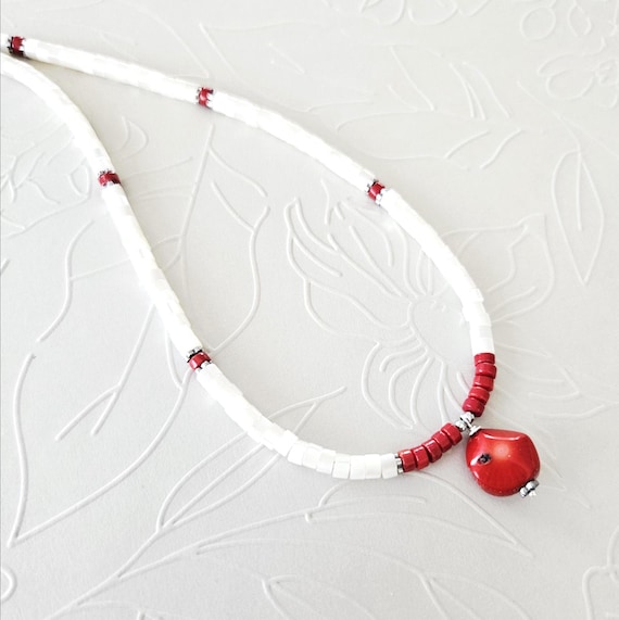 Mother of Pearl and Coral Beaded Necklace Sterling Silver