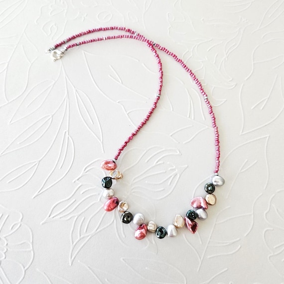Dainty Colorful Keshi Pearl Necklace with Fuchsia Pink Czech Beads