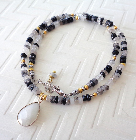Moonstone and Black Tourmaline Rutilated Quartz Necklace / Beaded Black White Crystals Mixed metals