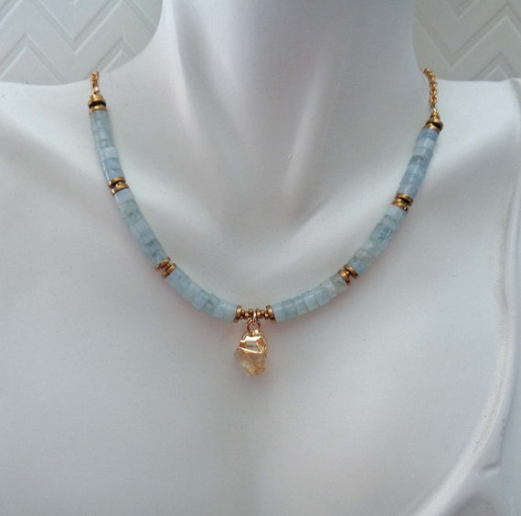 Aquamarine Choker Necklace / March Birthstone Gift / Genuine Aquamarine Citrine Jewelry / March Birthday Gift for Her