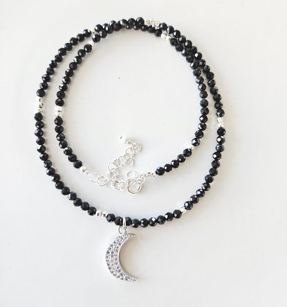 Dainty Black Spinel Sterling Silver Necklace, Pave CZ Moon Pendant