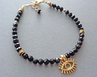 Gold Evil Eye Black Tourmaline Protection Bracelet - Empath Energy Protection Jewelry - Dainty Stacking Bracelet Black